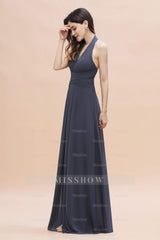 Gorgeous Halter Chiffon Ruffles Bridesmaid Dresses with Front Slit