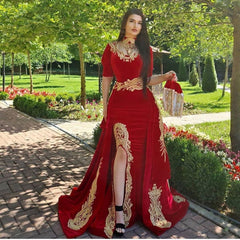 Gorgeous Halter Red Velvet Mermaid Evening Gown with Gold Appliques Half Sleeves