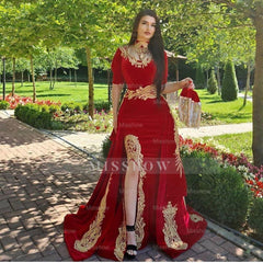 Gorgeous Halter Red Velvet Mermaid Evening Gown with Gold Appliques Half Sleeves