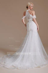 Gorgeous Halter Sleeveless Mermaid Floor-Length Tulle Wedding Dresses with Applique