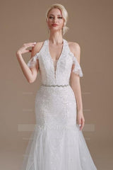 Gorgeous Halter Sleeveless Mermaid Floor-Length Tulle Wedding Dresses with Applique