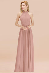 Gorgeous High-Neck Halter Backless Bridesmaid Dresses Dusty Rose Chiffon Maid of Honor Dress