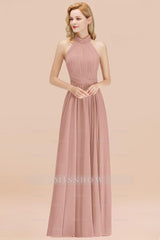 Gorgeous High-Neck Halter Backless Bridesmaid Dresses Dusty Rose Chiffon Maid of Honor Dress