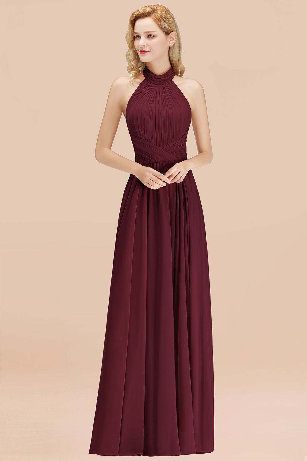 Gorgeous High-Neck Halter Backless Bridesmaid Dresses Dusty Rose Chiffon Maid of Honor Dress