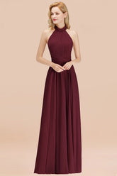 Gorgeous High-Neck Halter Backless Bridesmaid Dresses Dusty Rose Chiffon Maid of Honor Dress