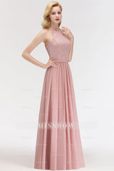 Gorgeous High-Neck Halter Lace Affordable Bridesmaid Dresses with Ruffle