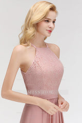 Gorgeous High-Neck Halter Lace Affordable Bridesmaid Dresses with Ruffle