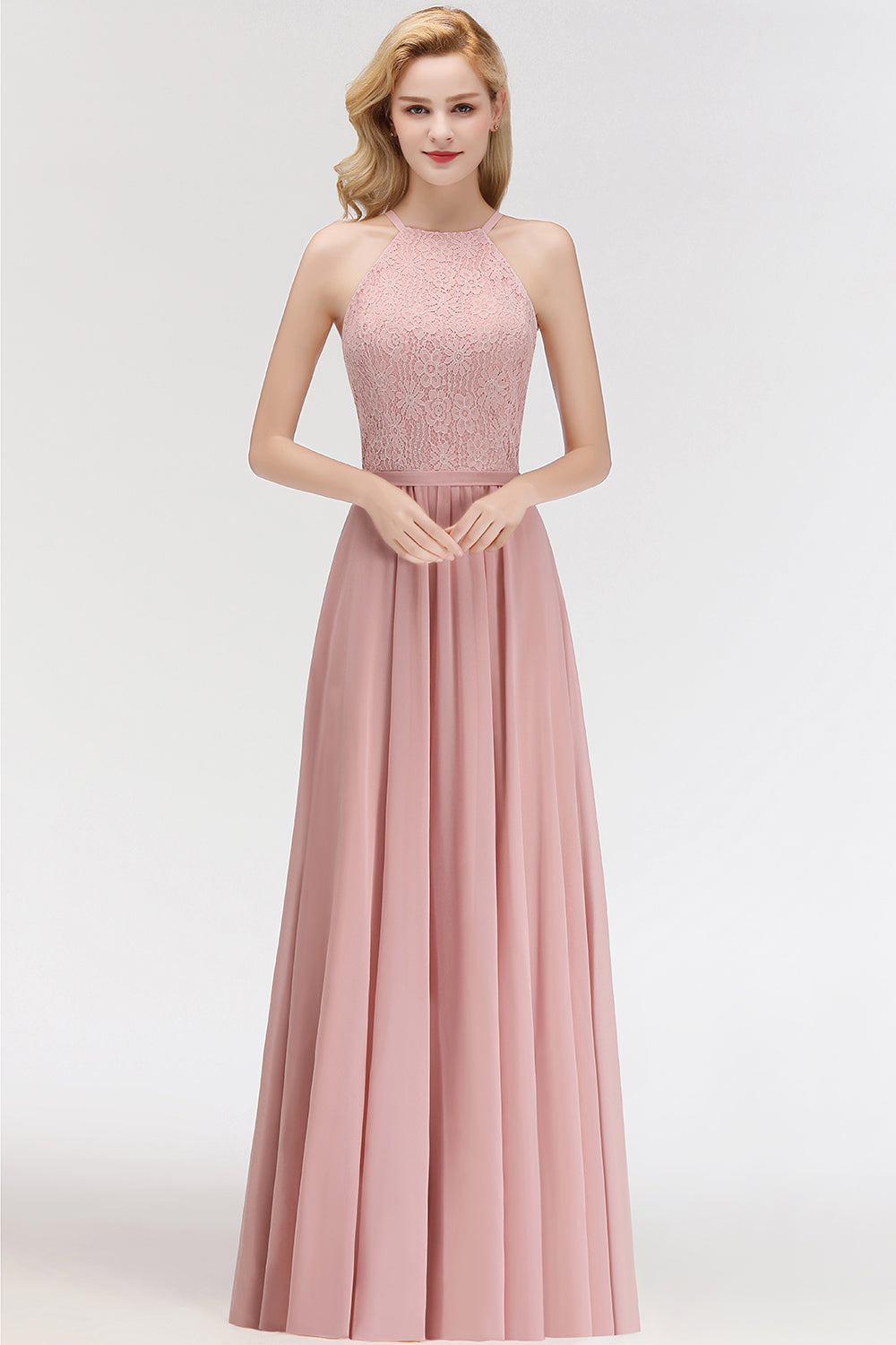 Gorgeous High-Neck Halter Lace Affordable Bridesmaid Dresses with Ruffle