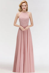 Gorgeous High-Neck Halter Lace Affordable Bridesmaid Dresses with Ruffle