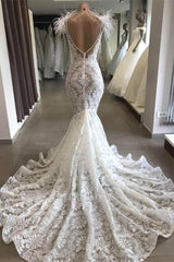 Gorgeous Hollow Sweetheart Lace Long Wedding Dress with Fur Neckline