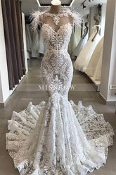 Gorgeous Hollow Sweetheart Lace Long Wedding Dress with Fur Neckline