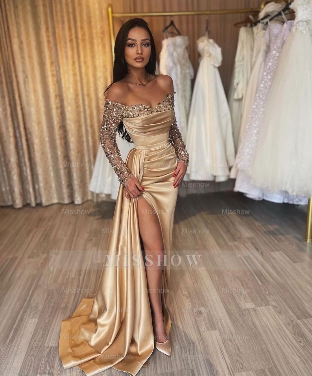 Gorgeous Long Champagne Off-the-shoulder Sequined Split Prom Dress With Long Sleeves