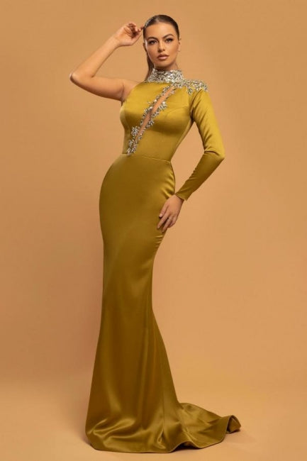 Gorgeous Long Gold Glitter High Neck Mermaid Evening Dresses With Sleeves