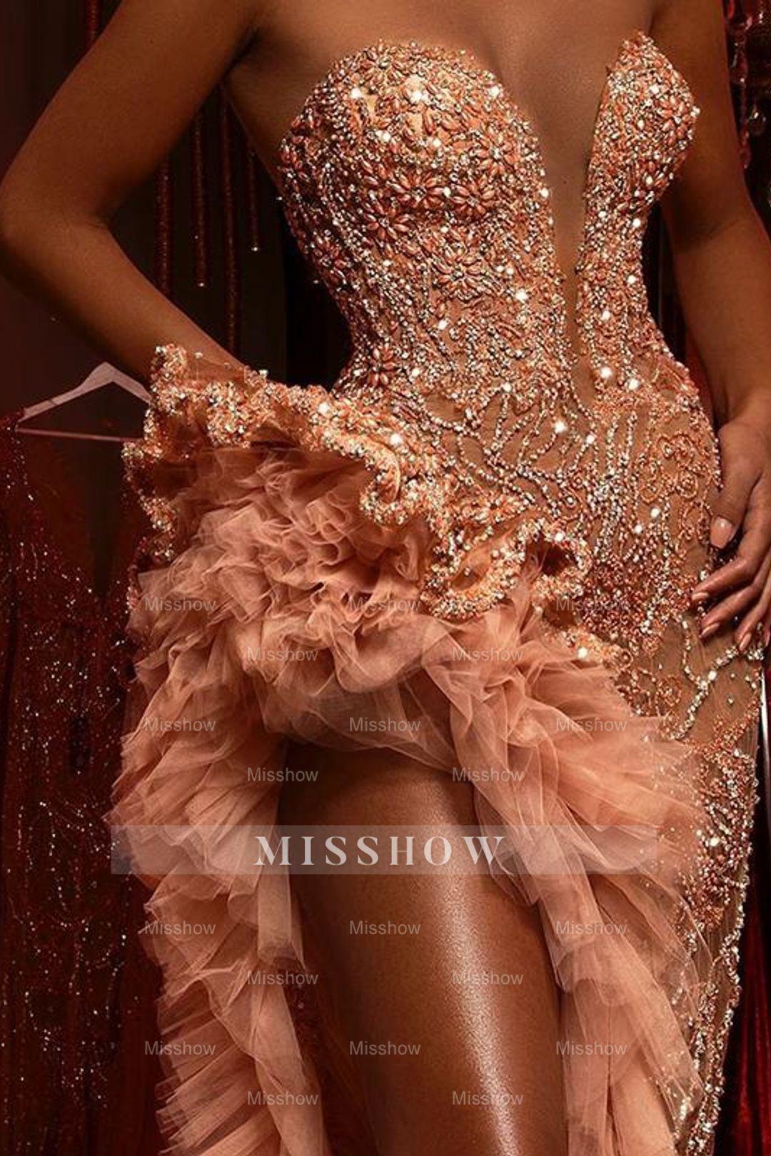 Gorgeous Long Mermaid Beading Sleeveless Split Prom Dress With Ruffles