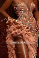 Gorgeous Long Mermaid Beading Sleeveless Split Prom Dress With Ruffles