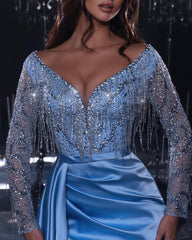 Gorgeous Long Mermaid Blue V-neck Sequined Beading Split Prom Dress With Long Sleeves