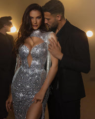 Gorgeous Long Mermaid High Neck Sequined Sleeveless Prom Dress With Slit