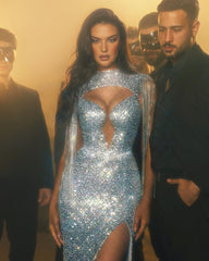 Gorgeous Long Mermaid High Neck Sequined Sleeveless Prom Dress With Slit