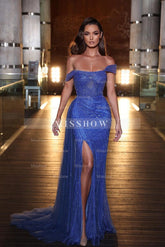 Gorgeous Long Mermaid Off-the-shoulder Beading Lace Prom Dress With Slit