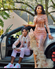 Gorgeous Long Mermaid Pink One Shoulder Long Sleeve Prom Dress With Slit