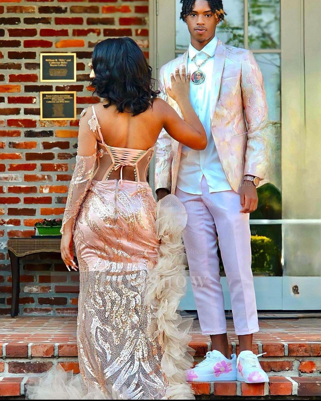 Gorgeous Long Mermaid Pink One Shoulder Long Sleeve Prom Dress With Slit