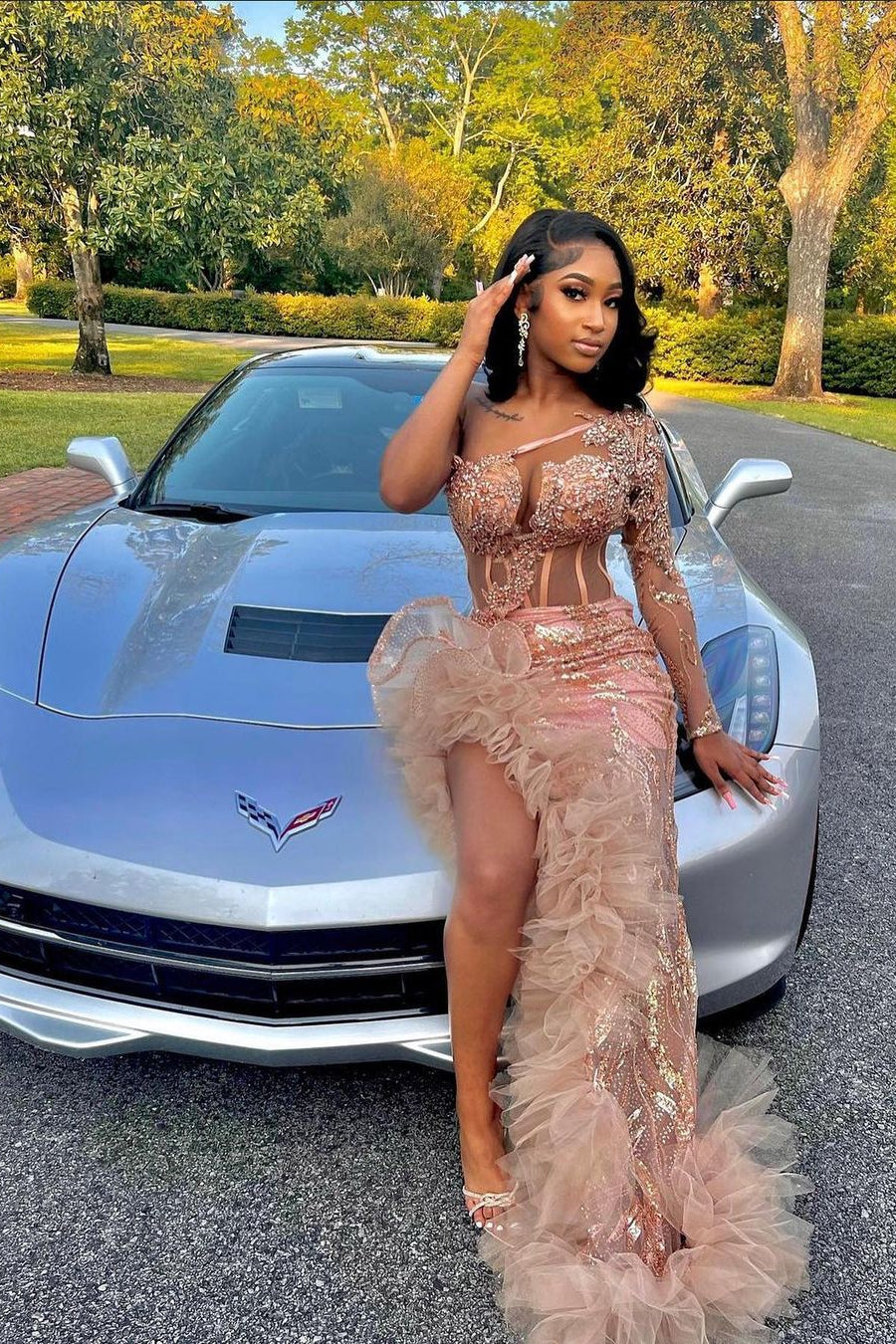 Gorgeous Long Mermaid Pink One Shoulder Long Sleeve Prom Dress With Slit