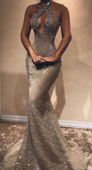 Gorgeous Long Mermaid Sexy Lace Sequined Sleeveless Prom Dress