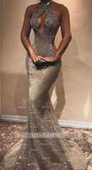 Gorgeous Long Mermaid Sexy Lace Sequined Sleeveless Prom Dress