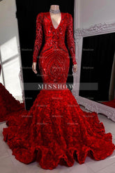 Gorgeous Long Red Mermaid V-neck Lace Prom Dress With Long Sleeves