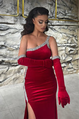 Gorgeous Long Red One Shoulder Sequined Sleeveless Prom Dress With Slit