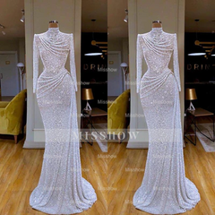 Gorgeous Long White Mermaid High Neck Sequined Prom Dress With Long Sleeves