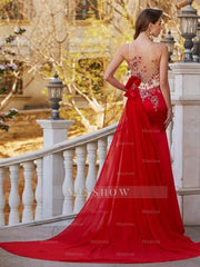 Gorgeous Mermaid Sheer Neck Sleeveless Court Train Applique Stain Prom Dresses