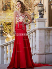 Gorgeous Mermaid Sheer Neck Sleeveless Court Train Applique Stain Prom Dresses