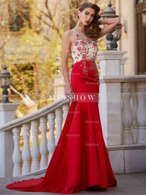Gorgeous Mermaid Sheer Neck Sleeveless Court Train Applique Stain Prom Dresses