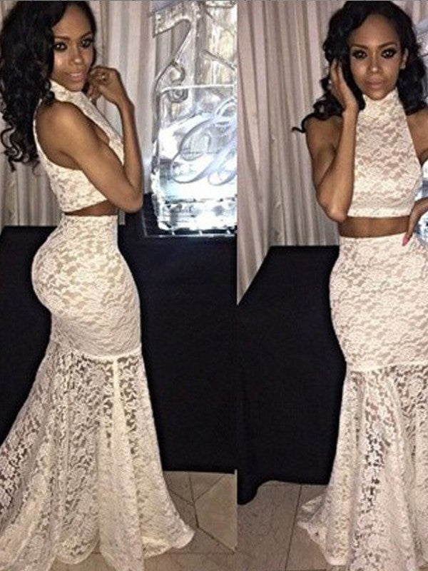 Gorgeous Mermaid Sleeveless Halter Lace Two Piece Prom Dresses misshow