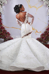 Gorgeous Off-the-Shoulder Long Sleeves Mermaid Ruffless Appliqued Beading Wedding Dress