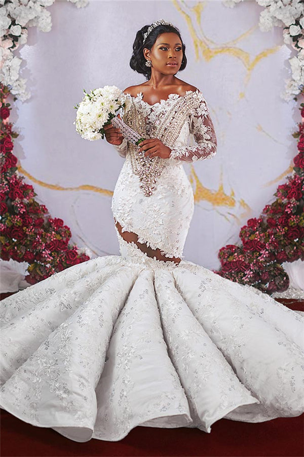Gorgeous Off-the-Shoulder Long Sleeves Mermaid Ruffless Appliqued Beading Wedding Dress