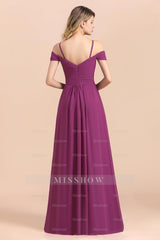 Gorgeous Off-the-Shoulder Ruffle Orchid Bridesmaid Dresses with Slit