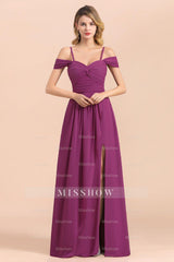 Gorgeous Off-the-Shoulder Ruffle Orchid Bridesmaid Dresses with Slit