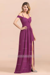 Gorgeous Off-the-Shoulder Ruffle Orchid Bridesmaid Dresses with Slit