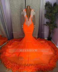 Gorgeous Orange Mermaid Tassel V-Neck Lace Prom Dress With Long Sleeves