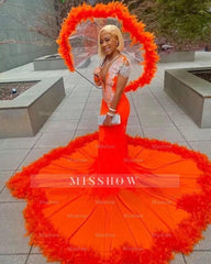 Gorgeous Orange Mermaid Tassel V-Neck Lace Prom Dress With Long Sleeves