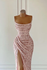 Gorgeous Pink Sequined Sleeveless Prom Dress With Slit