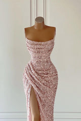 Gorgeous Pink Sequined Sleeveless Prom Dress With Slit