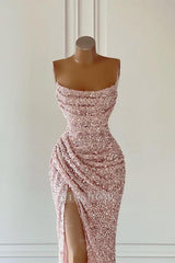 Gorgeous Pink Sequined Sleeveless Prom Dress With Slit
