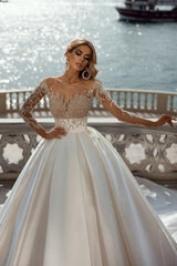 Gorgeous Princess A-line V-neck Satin Wedding Dresses With Long Sleeves