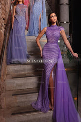 Gorgeous Purple Long Mermaid Sequined High Neck Prom Dress With Slit