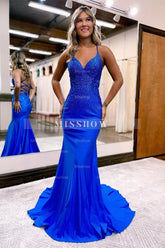 Gorgeous Royal Blue Long Mermaid Spaghetti Straps V-neck Prom Dress