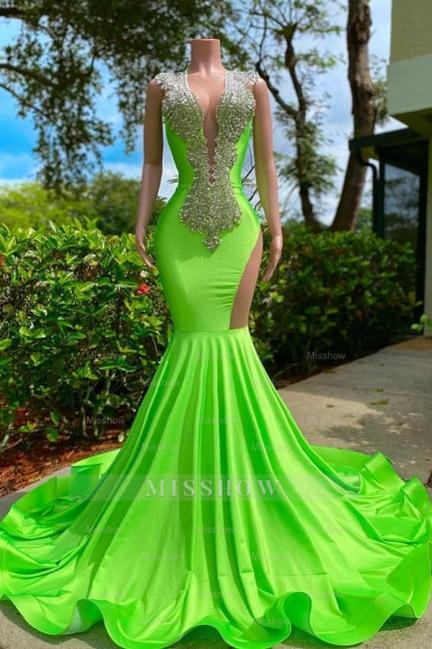 Gorgeous Sequined V-neck Sleeveless Stretch Satin Mermaid Prom Dress with Appliques
