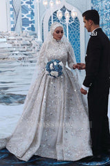 Gorgeous Sequins Bridal Gown Long Sleeves Highneck Sweep Train